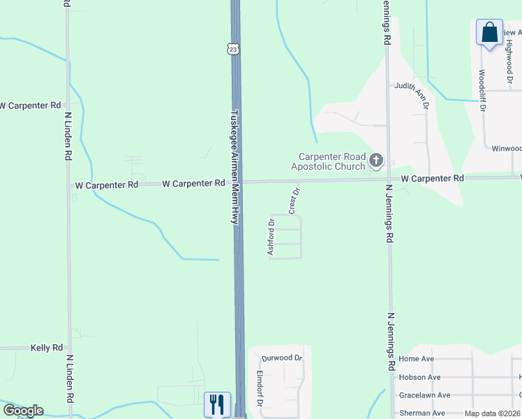 map of restaurants, bars, coffee shops, grocery stores, and more near 89 Ashford Drive in Flint