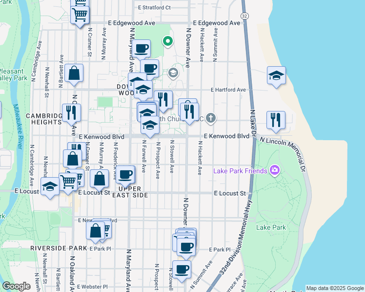 map of restaurants, bars, coffee shops, grocery stores, and more near 3052 North Stowell Avenue in Milwaukee