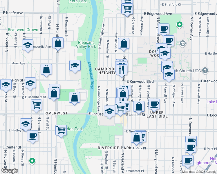 map of restaurants, bars, coffee shops, grocery stores, and more near 3051 North Bartlett Avenue in Milwaukee