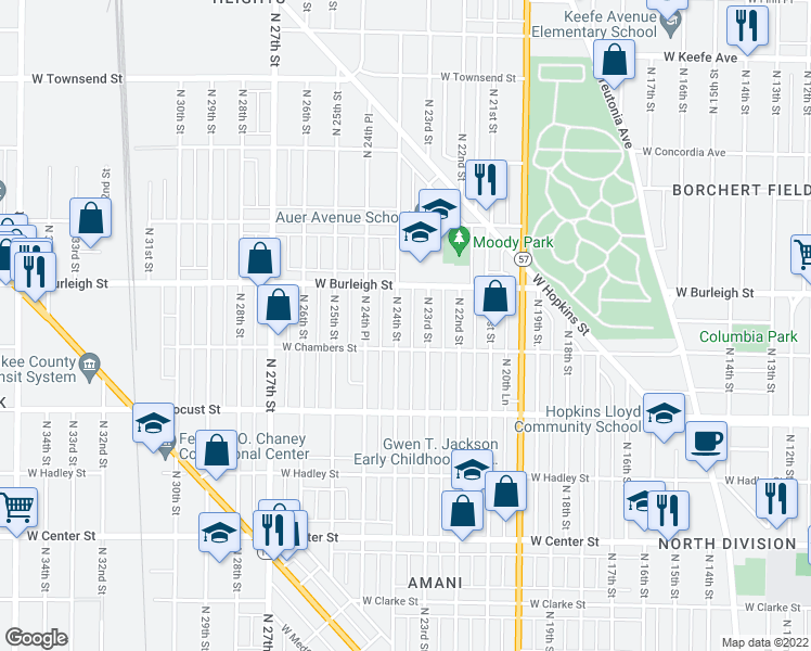 map of restaurants, bars, coffee shops, grocery stores, and more near 3030 North 24th Street in Milwaukee