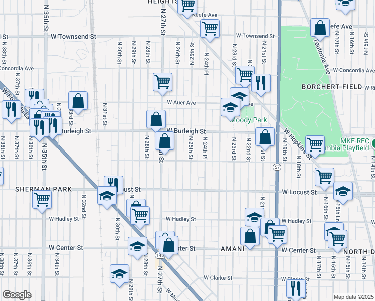 map of restaurants, bars, coffee shops, grocery stores, and more near 3027 North 25th Street in Milwaukee