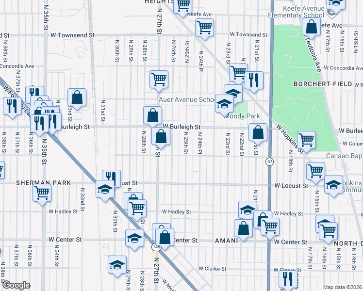 map of restaurants, bars, coffee shops, grocery stores, and more near 3027 North 25th Street in Milwaukee