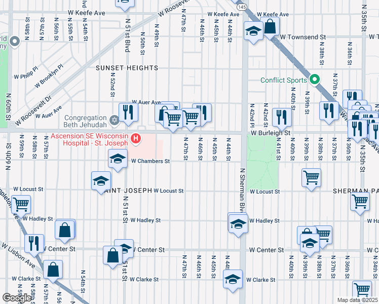 map of restaurants, bars, coffee shops, grocery stores, and more near 3026 North 47th Street in Milwaukee