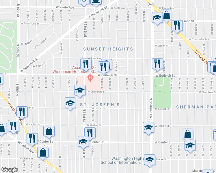 map of restaurants, bars, coffee shops, grocery stores, and more near 3024 North 48th Street in Milwaukee