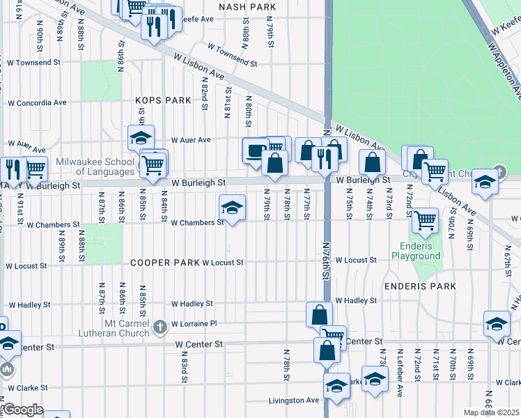 map of restaurants, bars, coffee shops, grocery stores, and more near 3018 North 79th Street in Milwaukee