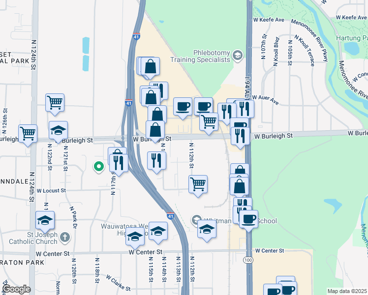 map of restaurants, bars, coffee shops, grocery stores, and more near 11221 West Burleigh Street in Wauwatosa