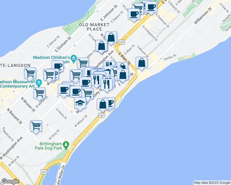 map of restaurants, bars, coffee shops, grocery stores, and more near 137 East Wilson Street in Madison