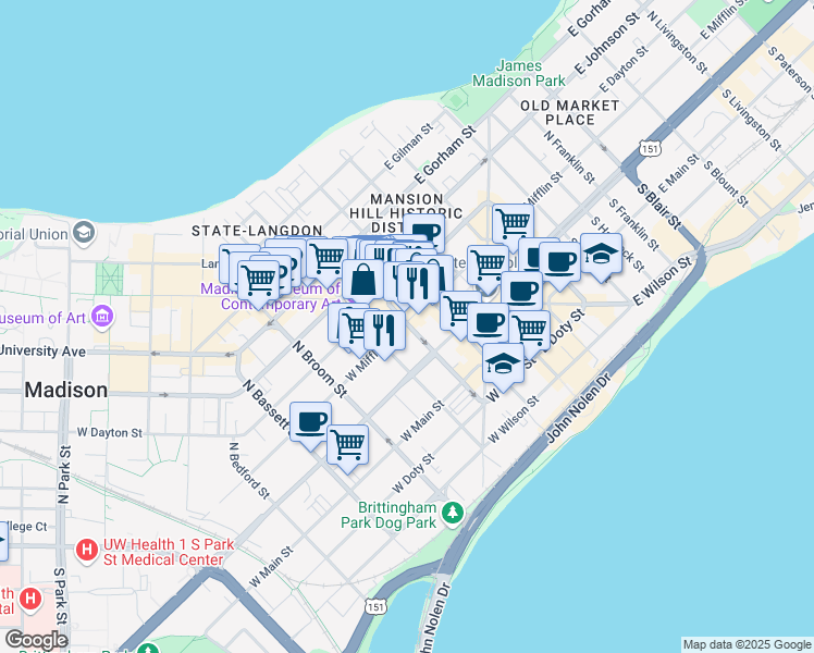 map of restaurants, bars, coffee shops, grocery stores, and more near 121 North Henry Street in Madison