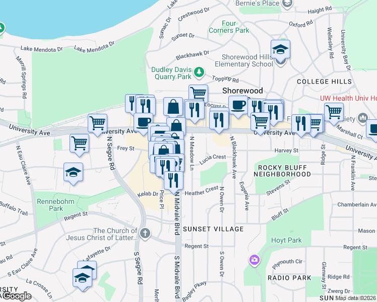 map of restaurants, bars, coffee shops, grocery stores, and more near 717 North Midvale Boulevard in Madison