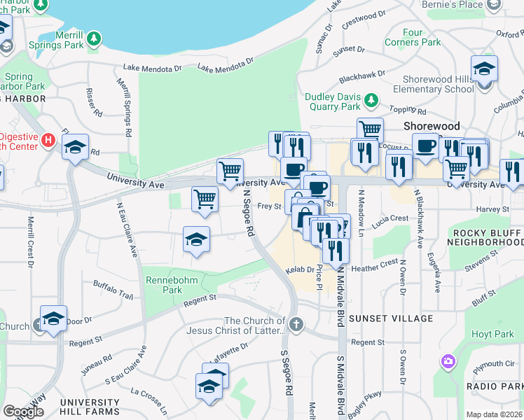 map of restaurants, bars, coffee shops, grocery stores, and more near 4601 Frey Street in Madison