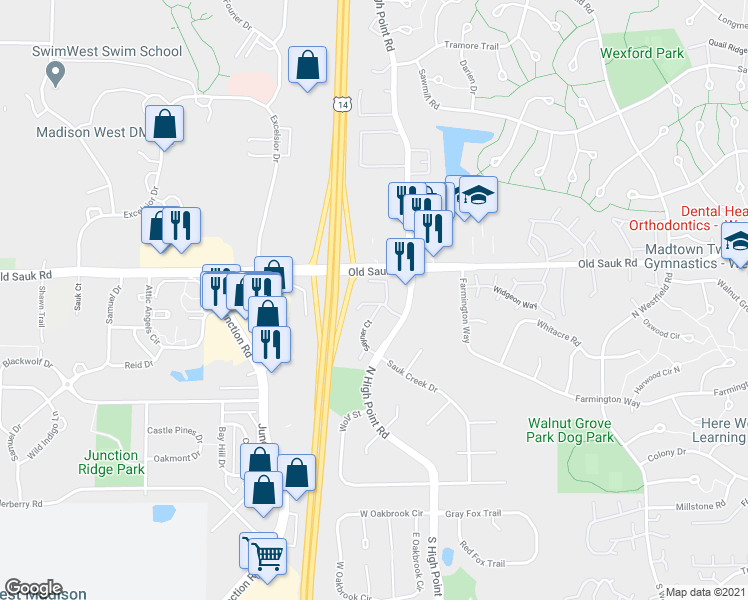 map of restaurants, bars, coffee shops, grocery stores, and more near 22 North High Point Court in Madison
