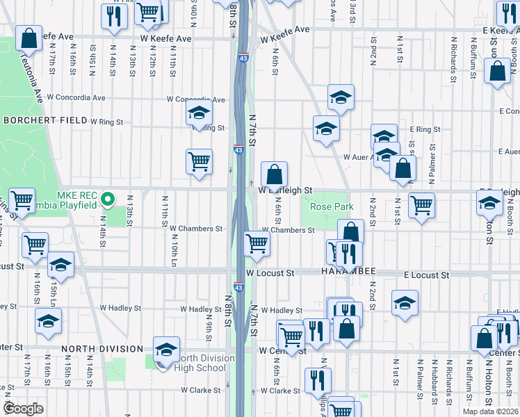 map of restaurants, bars, coffee shops, grocery stores, and more near 3040 North 7th Street in Milwaukee