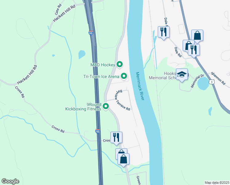 map of restaurants, bars, coffee shops, grocery stores, and more near 1 Bayview Terrace Road in Hooksett
