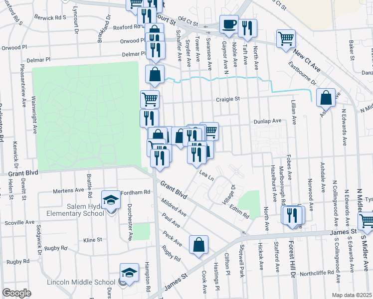 map of restaurants, bars, coffee shops, grocery stores, and more near 158 Shop City Plaza in Syracuse