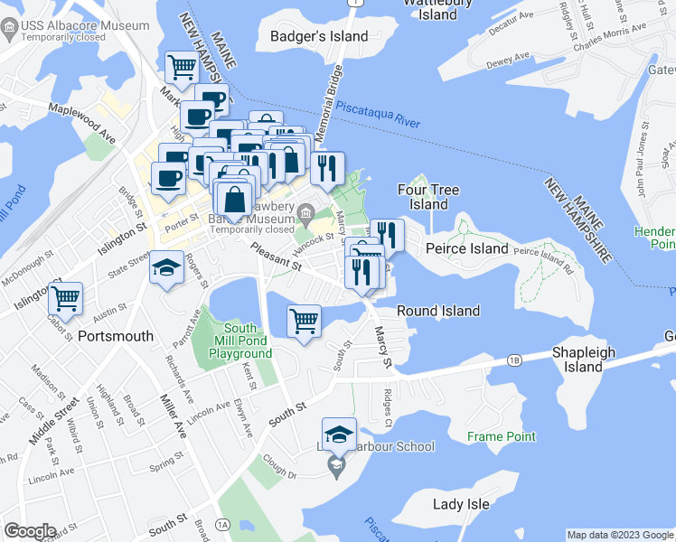 map of restaurants, bars, coffee shops, grocery stores, and more near 32 Manning Street in Portsmouth