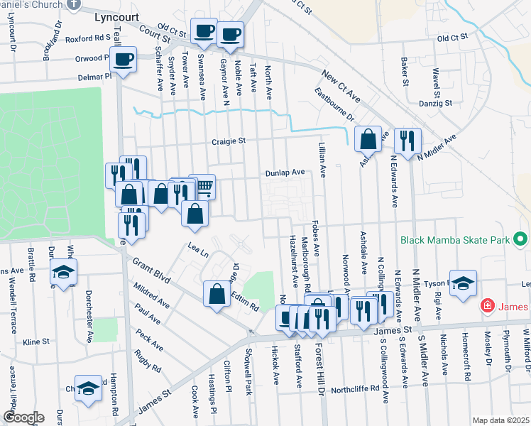 map of restaurants, bars, coffee shops, grocery stores, and more near 1206 Taft Avenue in Syracuse