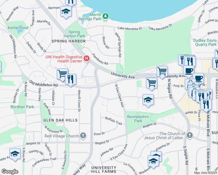 map of restaurants, bars, coffee shops, grocery stores, and more near 5019 Old Middleton Road in Madison