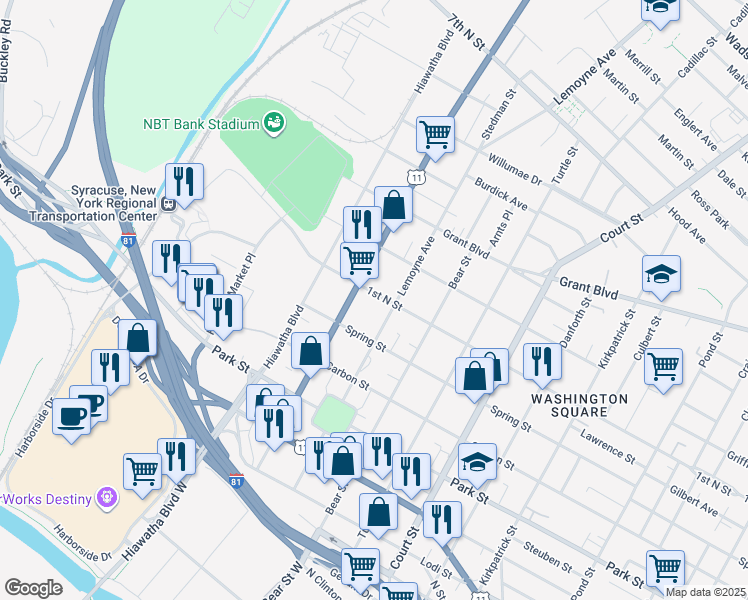 map of restaurants, bars, coffee shops, grocery stores, and more near 1509 1st North Street in Syracuse