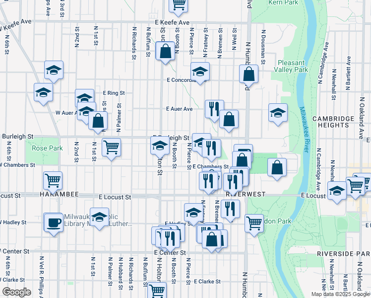 map of restaurants, bars, coffee shops, grocery stores, and more near 3049 North Pierce Street in Milwaukee