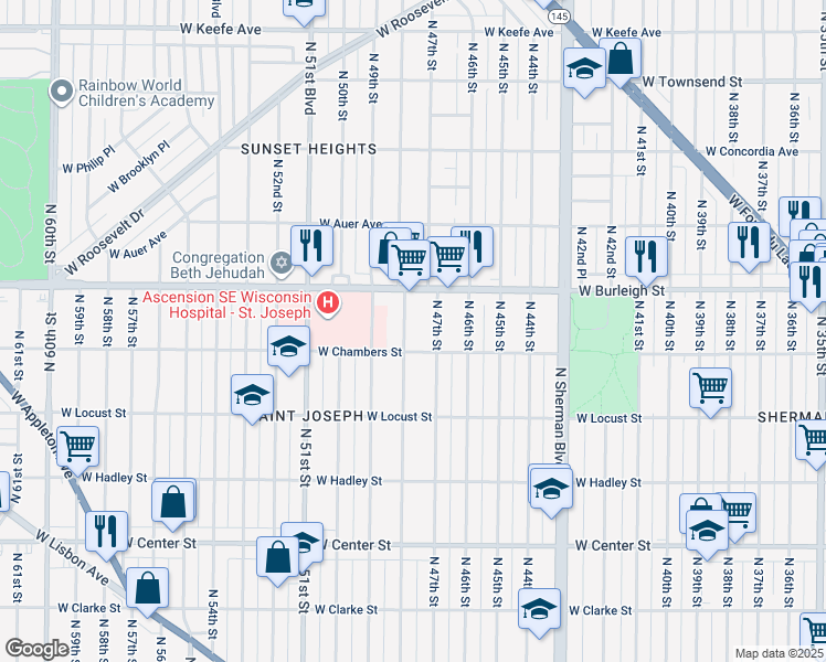 map of restaurants, bars, coffee shops, grocery stores, and more near 3024 North 48th Street in Milwaukee