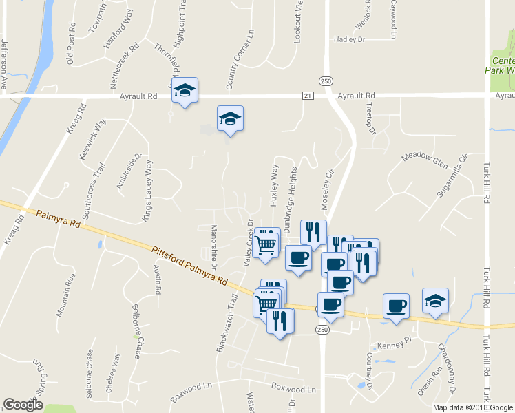 map of restaurants, bars, coffee shops, grocery stores, and more near 23 Acorn Lane in Fairport