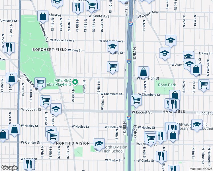 map of restaurants, bars, coffee shops, grocery stores, and more near 3041 North 10th Street in Milwaukee