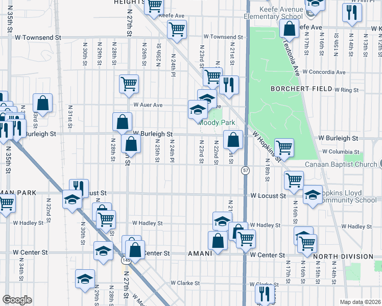 map of restaurants, bars, coffee shops, grocery stores, and more near 3030 N 24th St in Milwaukee