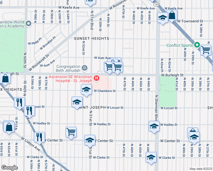 map of restaurants, bars, coffee shops, grocery stores, and more near 3029 North 49th Street in Milwaukee