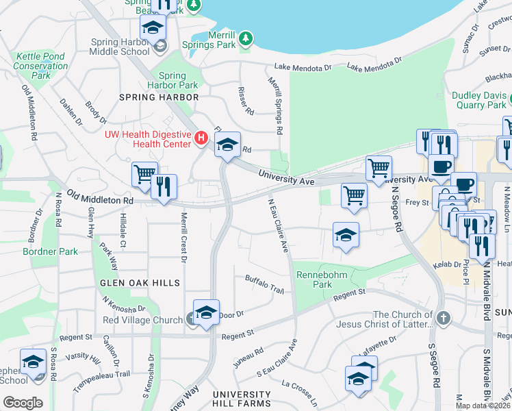 map of restaurants, bars, coffee shops, grocery stores, and more near 5019 Old Middleton Road in Madison