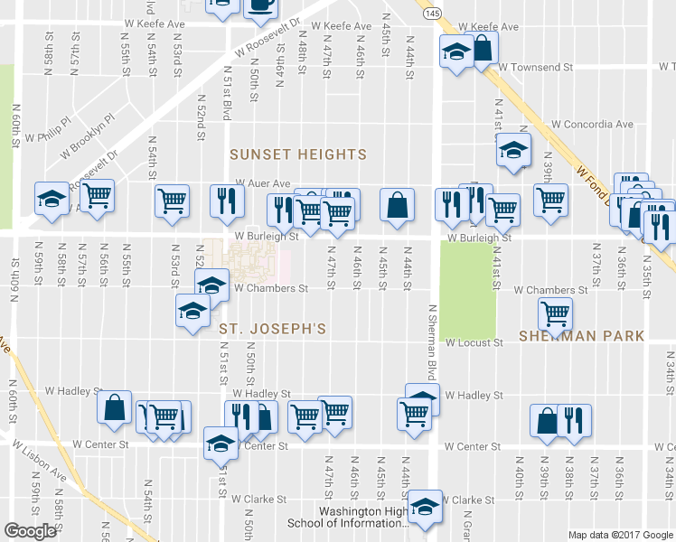 map of restaurants, bars, coffee shops, grocery stores, and more near 3026 North 47th Street in Milwaukee