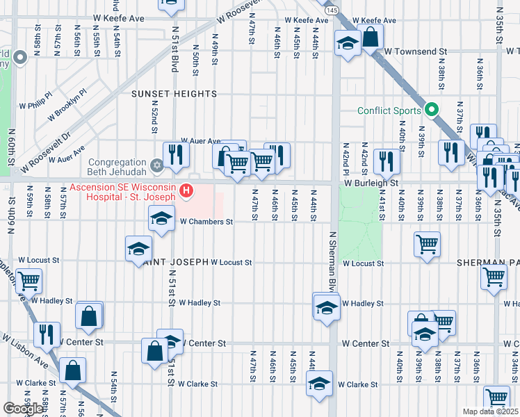 map of restaurants, bars, coffee shops, grocery stores, and more near 3026 North 47th Street in Milwaukee