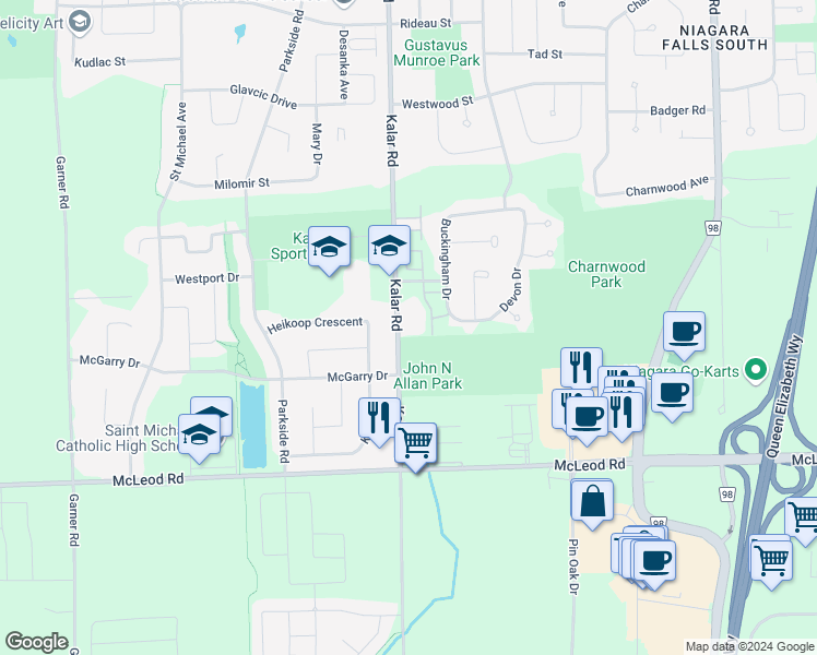 map of restaurants, bars, coffee shops, grocery stores, and more near 6950 Kalar Road in Niagara Falls