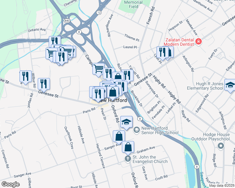 map of restaurants, bars, coffee shops, grocery stores, and more near 14 Genesee Street in New Hartford