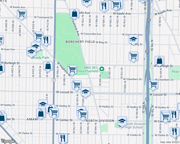 map of restaurants, bars, coffee shops, grocery stores, and more near 3038 North Teutonia Avenue in Milwaukee