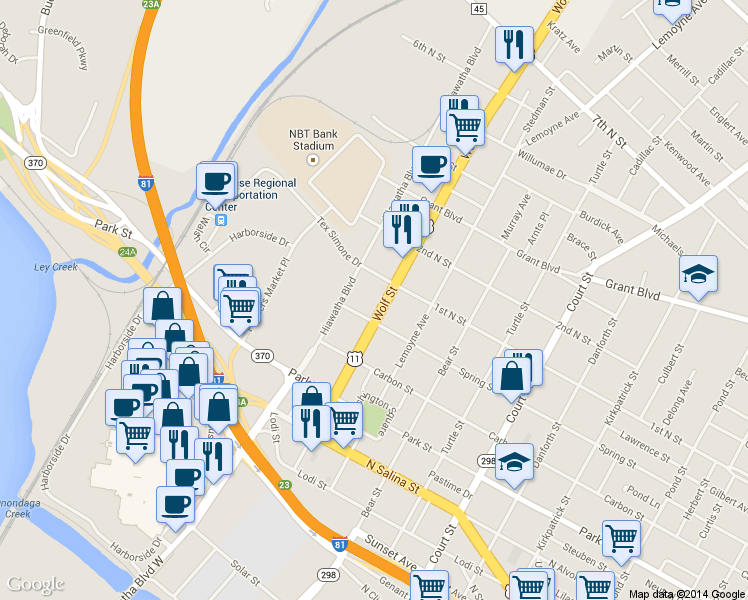 map of restaurants, bars, coffee shops, grocery stores, and more near 509 Wolf St in Syracuse