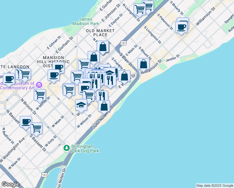 map of restaurants, bars, coffee shops, grocery stores, and more near 137 East Wilson Street in Madison