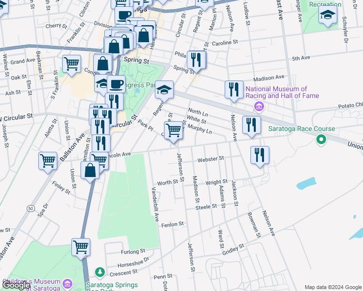 map of restaurants, bars, coffee shops, grocery stores, and more near 2 Clark Street in Saratoga Springs