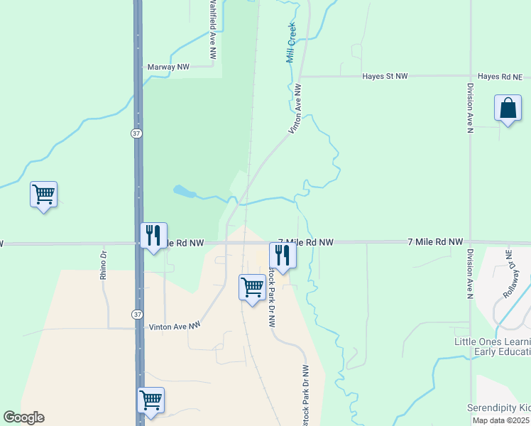 map of restaurants, bars, coffee shops, grocery stores, and more near 539 7 Mile Road Northwest in Comstock Park