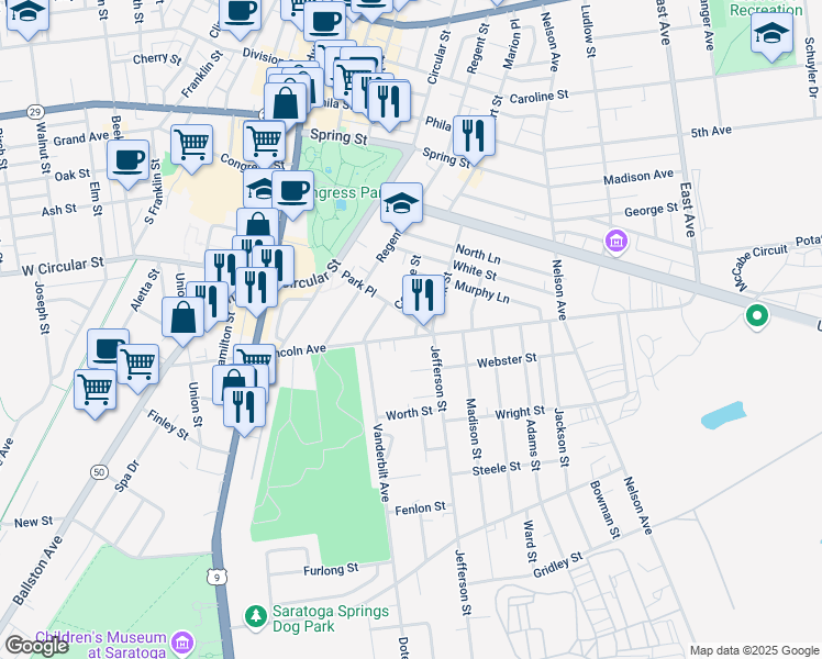 map of restaurants, bars, coffee shops, grocery stores, and more near 87 Lincoln Avenue in Saratoga Springs