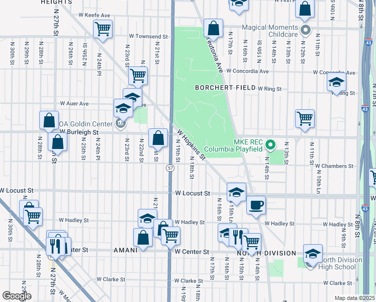 map of restaurants, bars, coffee shops, grocery stores, and more near 3035 North 18th Street in Milwaukee
