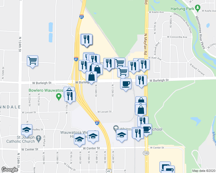 map of restaurants, bars, coffee shops, grocery stores, and more near 11221 West Burleigh Street in Wauwatosa