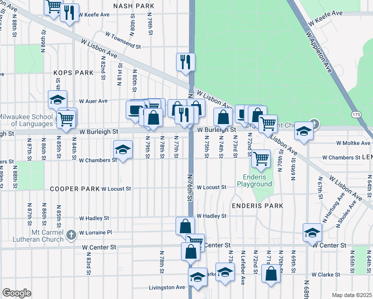 map of restaurants, bars, coffee shops, grocery stores, and more near 3021 Wisconsin 181 in Milwaukee
