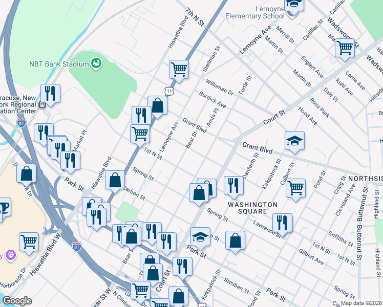 map of restaurants, bars, coffee shops, grocery stores, and more near 413 2nd North Street in Syracuse