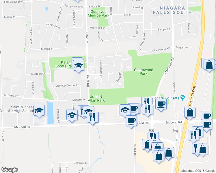 map of restaurants, bars, coffee shops, grocery stores, and more near 6920 Devon Drive in Niagara Falls