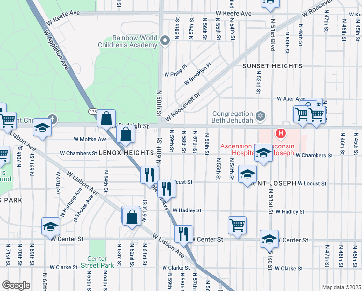 map of restaurants, bars, coffee shops, grocery stores, and more near 3023 North 58th Street in Milwaukee