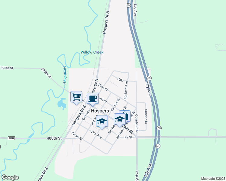 map of restaurants, bars, coffee shops, grocery stores, and more near 301 Pine Street in Hospers