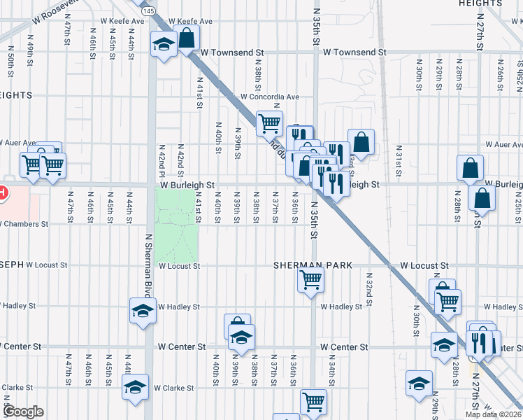 map of restaurants, bars, coffee shops, grocery stores, and more near 3027 North 37th Street in Milwaukee