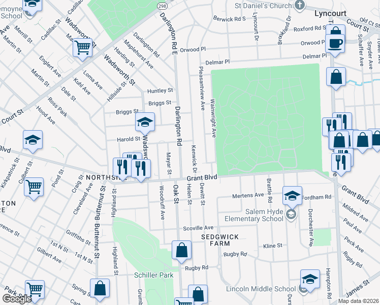 map of restaurants, bars, coffee shops, grocery stores, and more near 115 Kenwick Dr in Syracuse