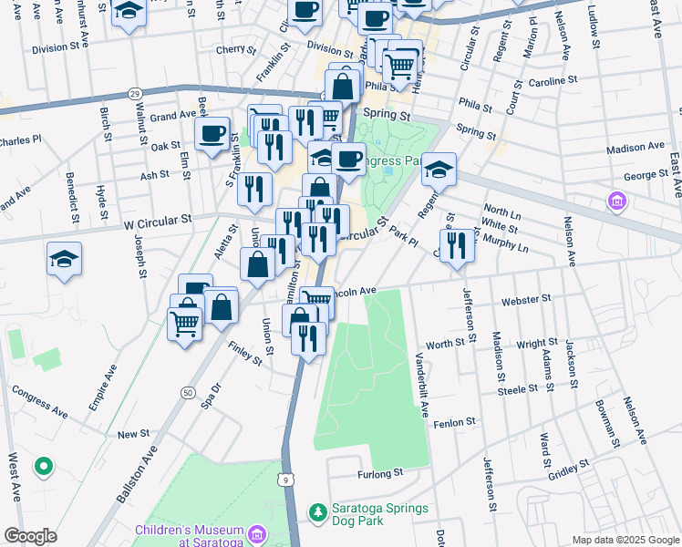 map of restaurants, bars, coffee shops, grocery stores, and more near 11 Whitney Place in Saratoga Springs