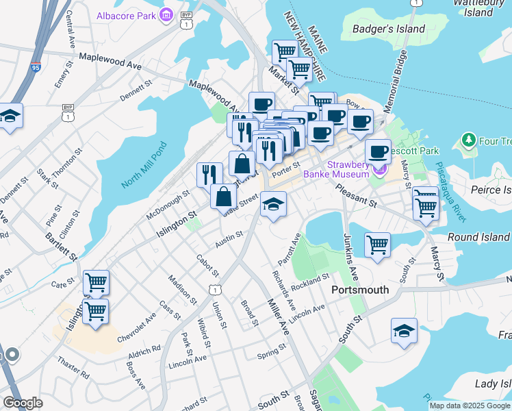 map of restaurants, bars, coffee shops, grocery stores, and more near 134 Middle Street in Portsmouth